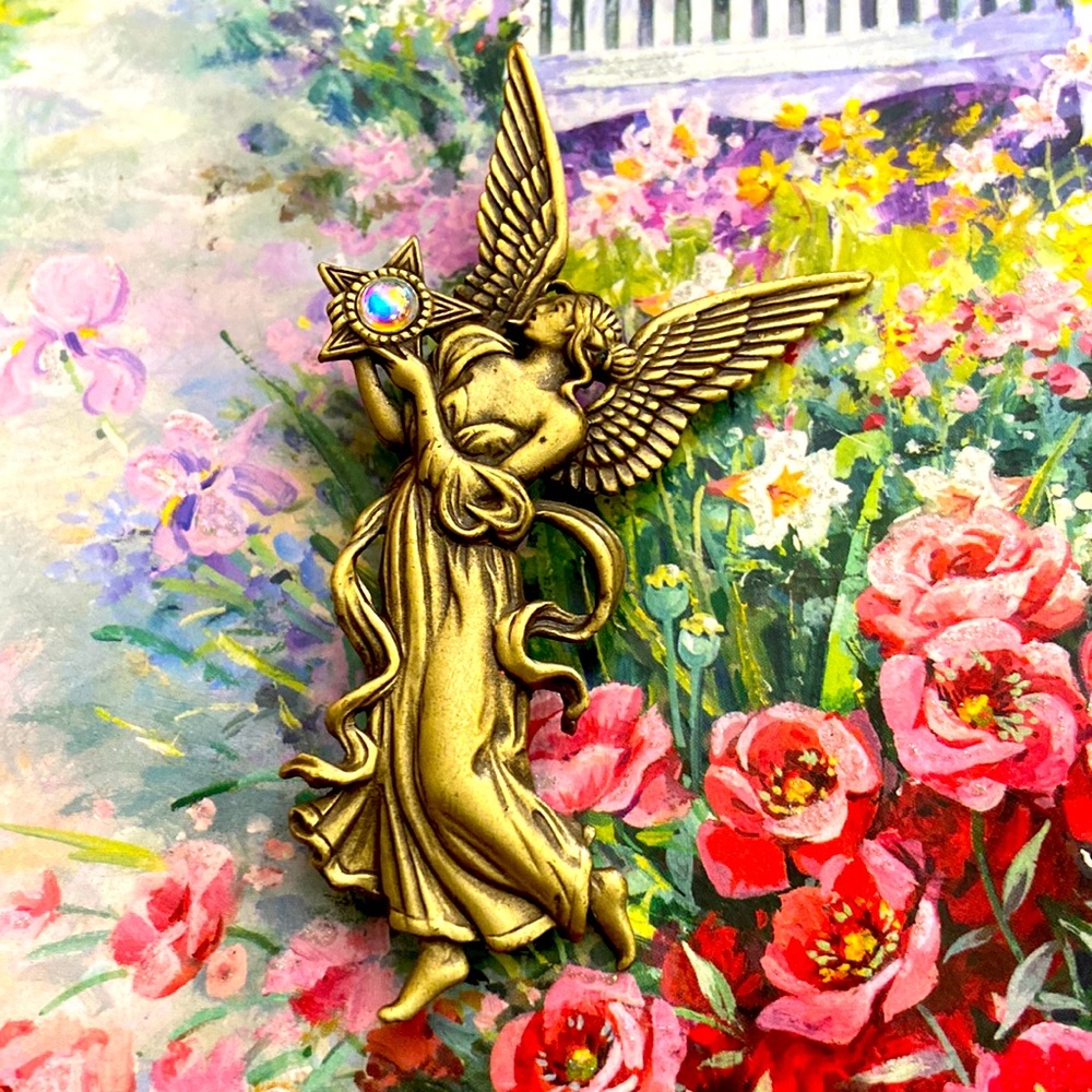 Vintage Signed JJ Antique Gold Toned Angel Broach